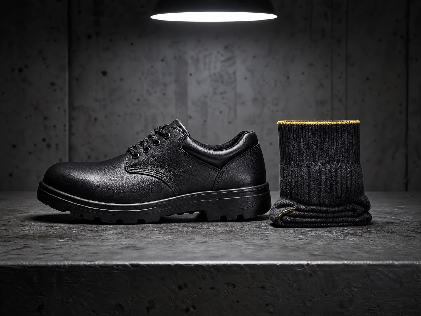 Rigid work shoe shown beside an Onshift sock on a workbench