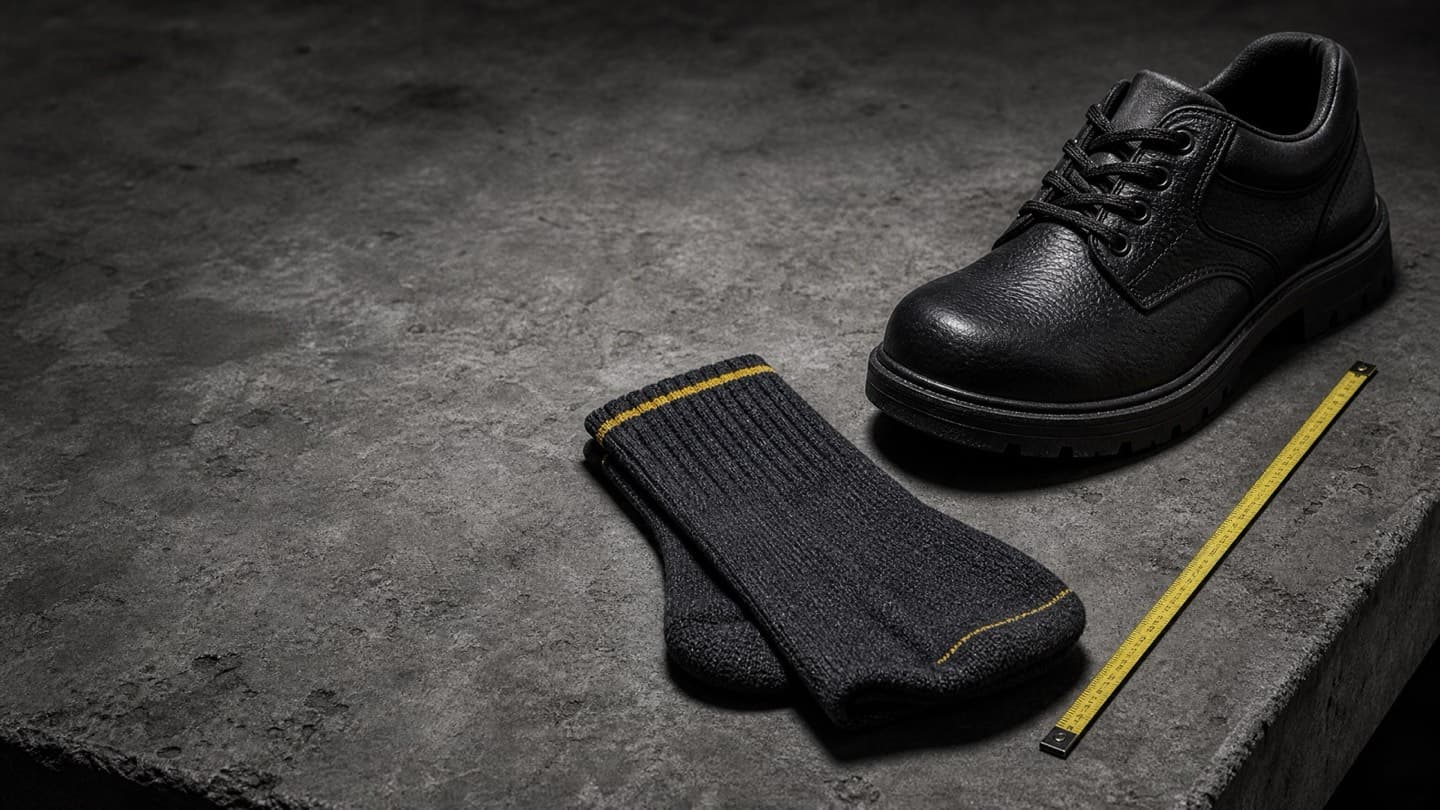 A folded pair of cushioned Onshift work socks beside a rigid black leather work shoe on a dry concrete bench, with a measuring tape alongside.